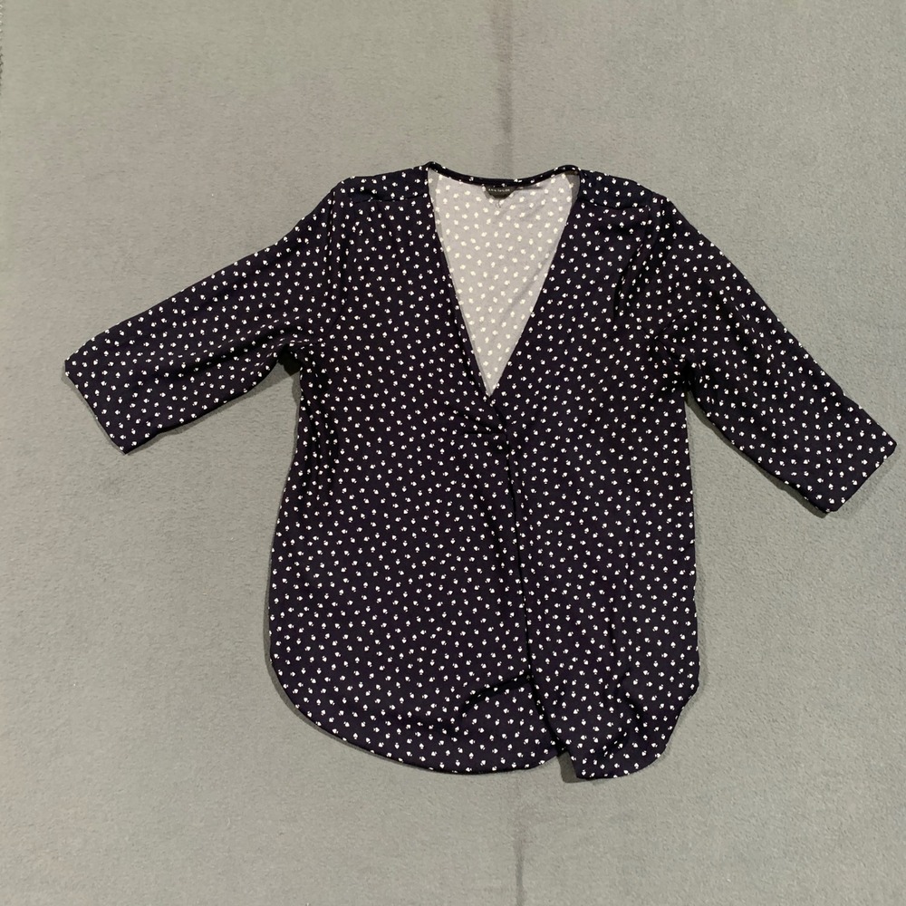 Ann Taylor Navy Blue & White Spade Print 3/4 Sleeve Blouse Top Preppy Nautical M
